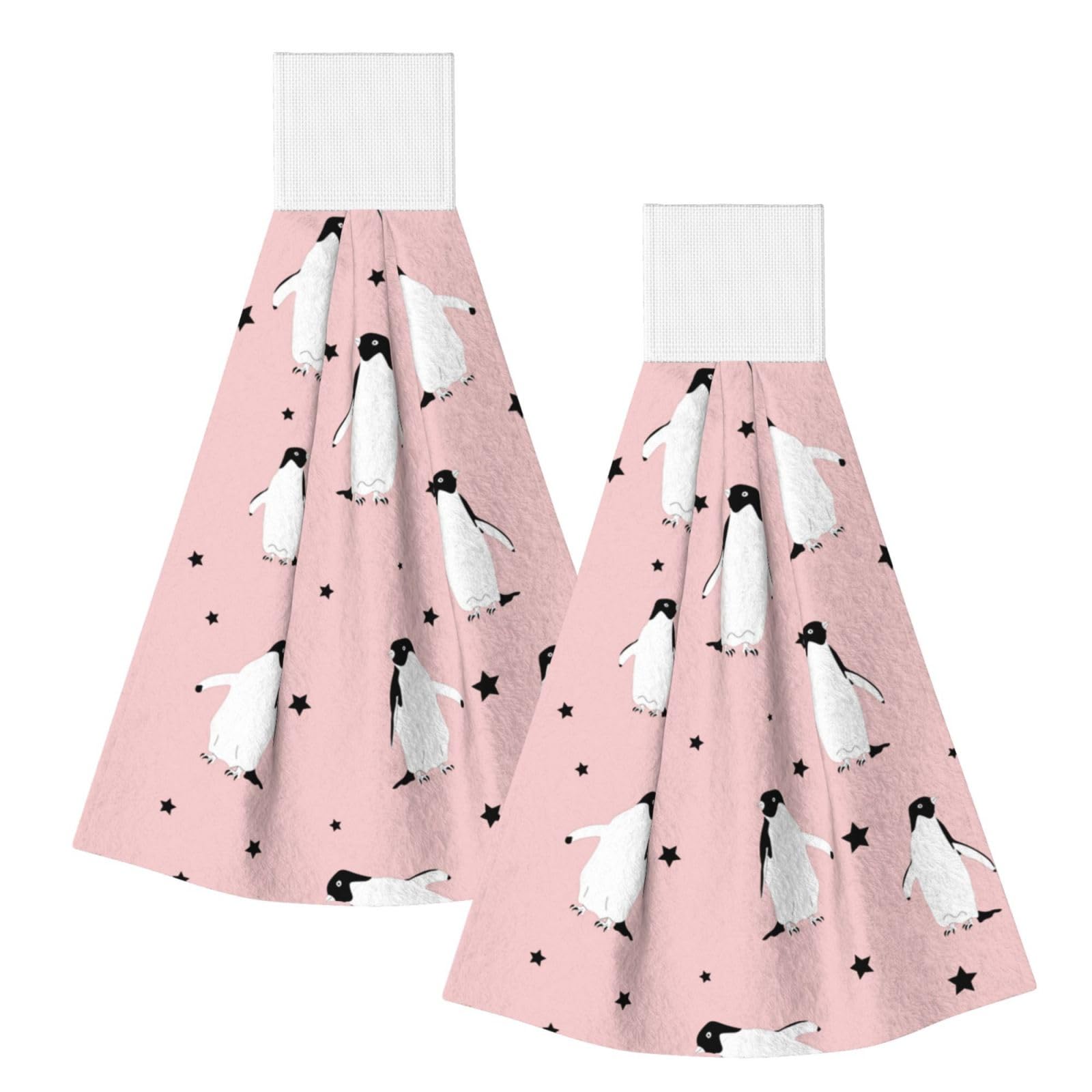 DOPKLNA Penguins Stars Sea Bird, 2 Pcs Hanging Coral Fiber Hand Towels for Bathroom, Absorbent Kitchen Towels