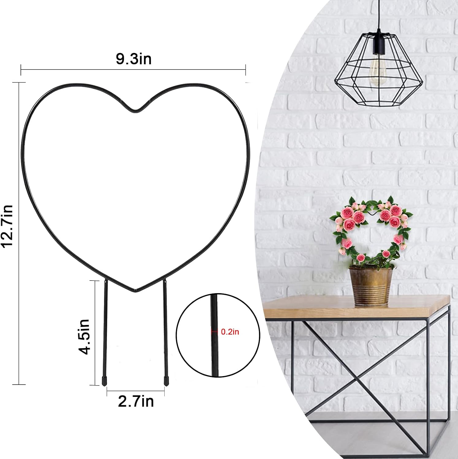 2 Pack Black Iron Garden Trellis for Climbing Plants- 13" Rust Free Vine Plant Metal Support Wire with Black Coating Decorative Potted Plants Climbing Holder Rack for Garden Stem Stalks Vines (Heart)