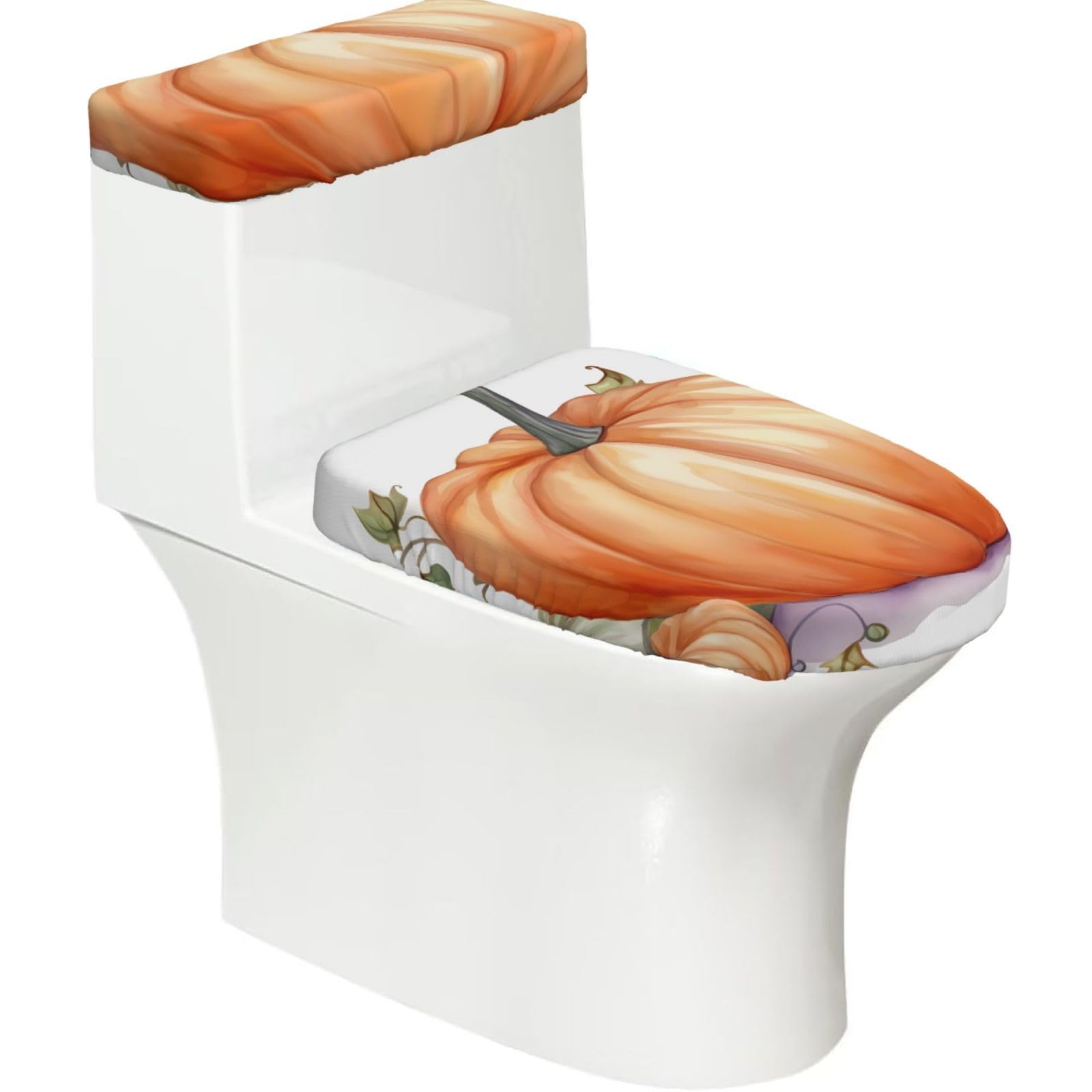 FekiLoot Fall Watercolor Pumpkins Toilet Lid Cover and Toilet Tank Cover Set of 2,Dust Splash Resistant Toilet Top Covers Soft Washable Toilet Lid Seat Cover for Bathroom Office Home Decor