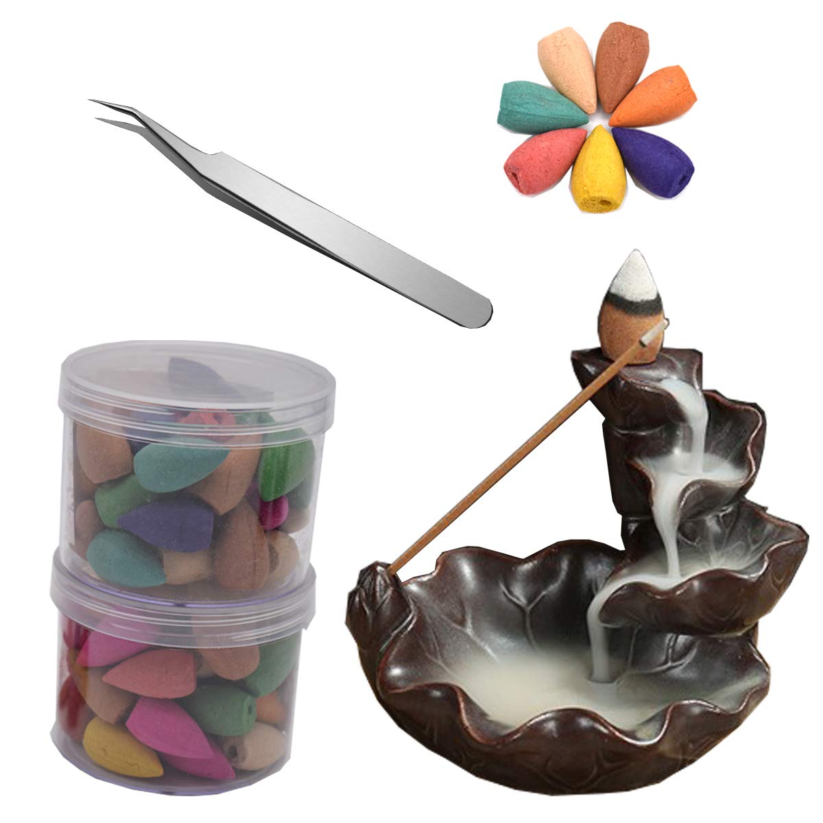 GuadorBackflow Incense Burner Glaze with 80 Pcs Free Different Fragrance Incense Cones and Stainless Steel Tweezers Backflow Censer for Home Office Bedroom Yoga Decoration Best Gift (Brown)