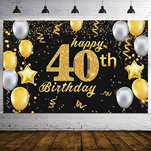 Deggodech 40 Geburtstag Party Dekoration, Extra Große Schwarz Gold " Happy 40th Birthday " Banner Hintergrund für Frau Männer Mädchen Jungen Geburtstag Deko Geburtstag Photo Booth Hintergrund Cover