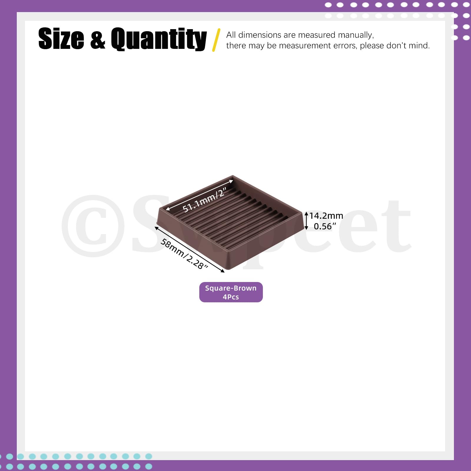 Swpeet 4Pcs 2" x 2" Square Brown Rubber Anti Skid Caster Cups Non Slip Furniture Pads Kit, Anti-Slip Gripper - Image 3