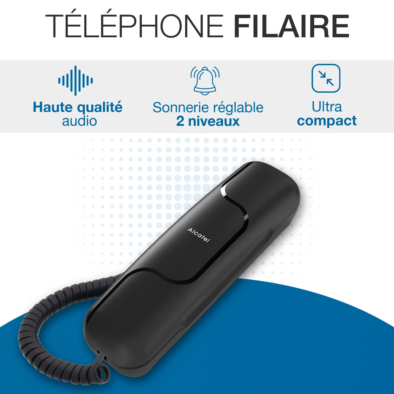 ALCATEL T06 - Téléphone Fixe Filaire - Design Ultra Compact - Fixation Murale - Touche Rappel - Noir