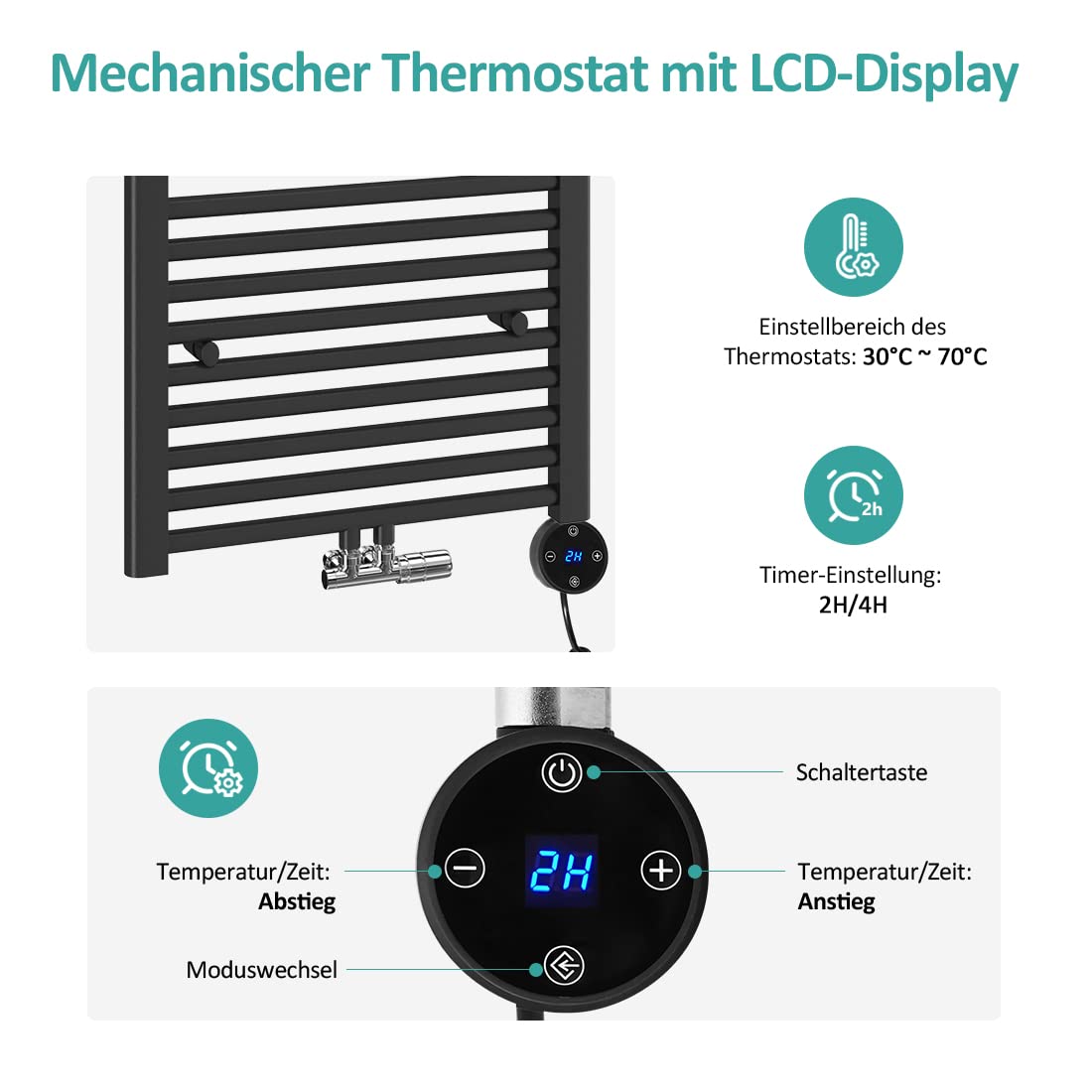 EMKE Verwarmingselement Met Thermostaat, Voor Badkamerverwarming, 300 W Smart Wifi Verwarmingspatroon Van Roestvrij Staal Radiatoren Handdoekradiator Handdoekverwarmer Elektrisch Antraciet 3404439235