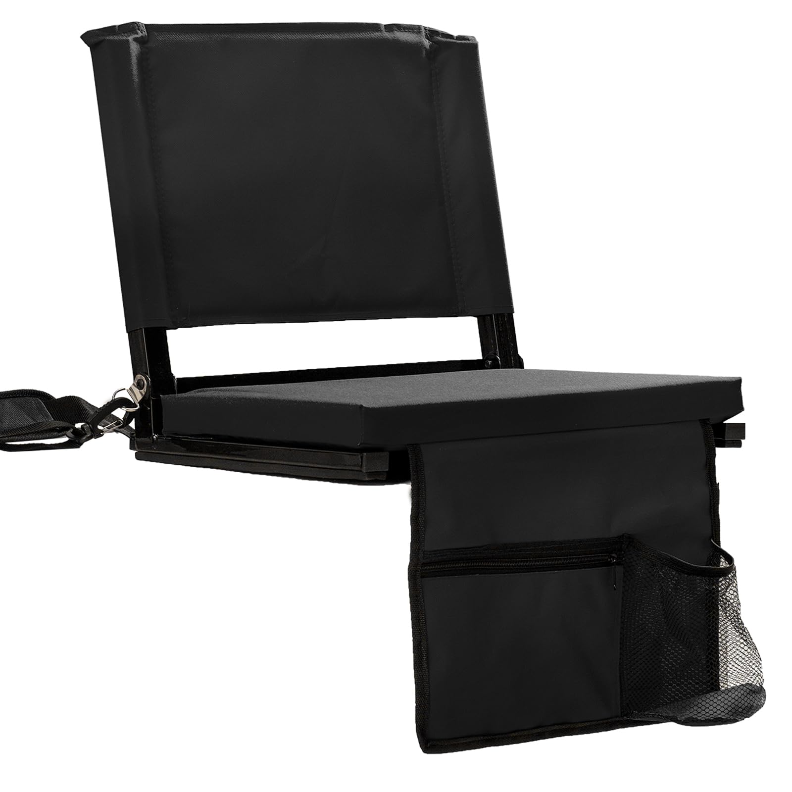 Stadium Seats with Back Support for Bleachers, Folding Bleacher Seat Bleacher Chairs with Back and Cushion, Padded Stadium Chair with Shoulder Strap, 3 Large Mesh Pocket & Carry Handle, Black