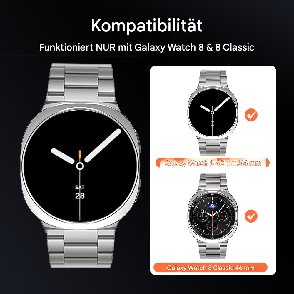 Bracelet en métal titane sans outils compatible avec Samsung Galaxy Watch 8 40 mm, 44 mm/8 Classic 46 mm (2025), Galaxy Watch 8/8 Classic pour homme et femme