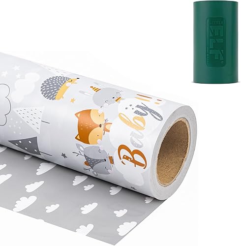 Miniatura 19 de WRAPAHOLIC Papel de regalo reversible para baby shower, mini rollo, 17 pulgadas x 33 pies, diseño de animales grises neutros, baby shower, Baby