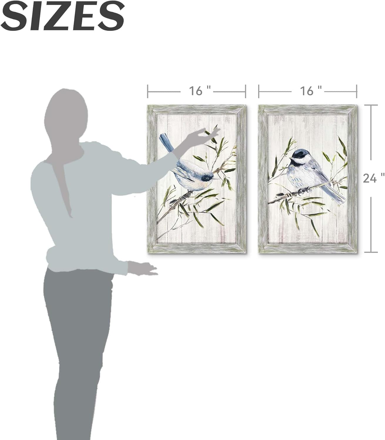 Farmhouse bird Framed Wall Art - Set of 2 Blue & Gray Songbird Painting Prints on Bamboo Branches Rustic Nature Pictures Decor Artwork for Bedroom Living Room