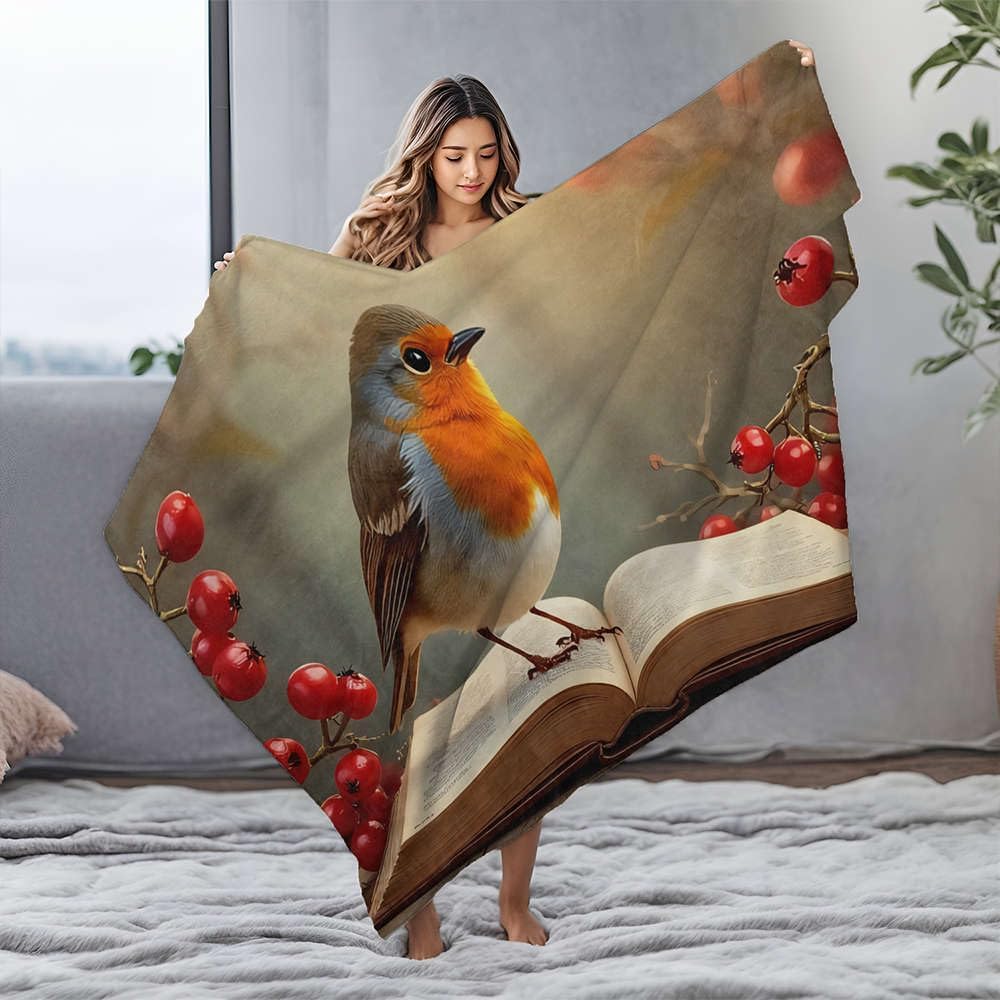 Throw Blanket for Bed Robin On an Open Book with Berries Flannel Blanket Easter Blanket Blankets(125x150cm)