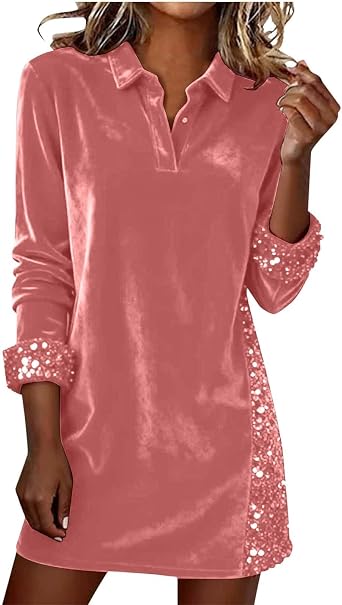 Velvet Dress for Women 2025 Casual Long Sleeve Button Sequin Dresses with Side Pockets Holiday Party
