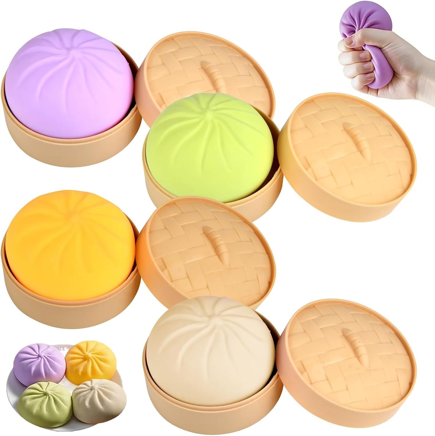 4 Stück Dumpling Squishy, Fidget Toys für Anti Stress Spielzeug, Giant Dumpling Squishy Mystery mit Dampfer, Stressball Langsame Rückfederung für Erwachsene Kinder Adhs Geschenke