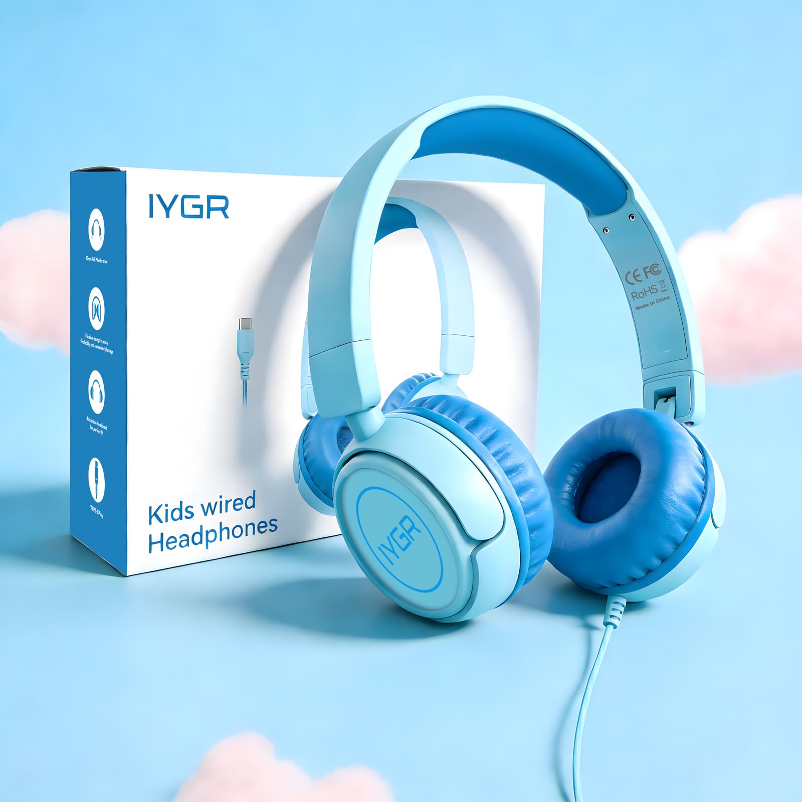 K6, cuffie USB tipo C per bambini, per la scuola, volume sicuro da 94 dB, suono stereo HD, cuffie on-ear pieghevoli leggere (ciano)