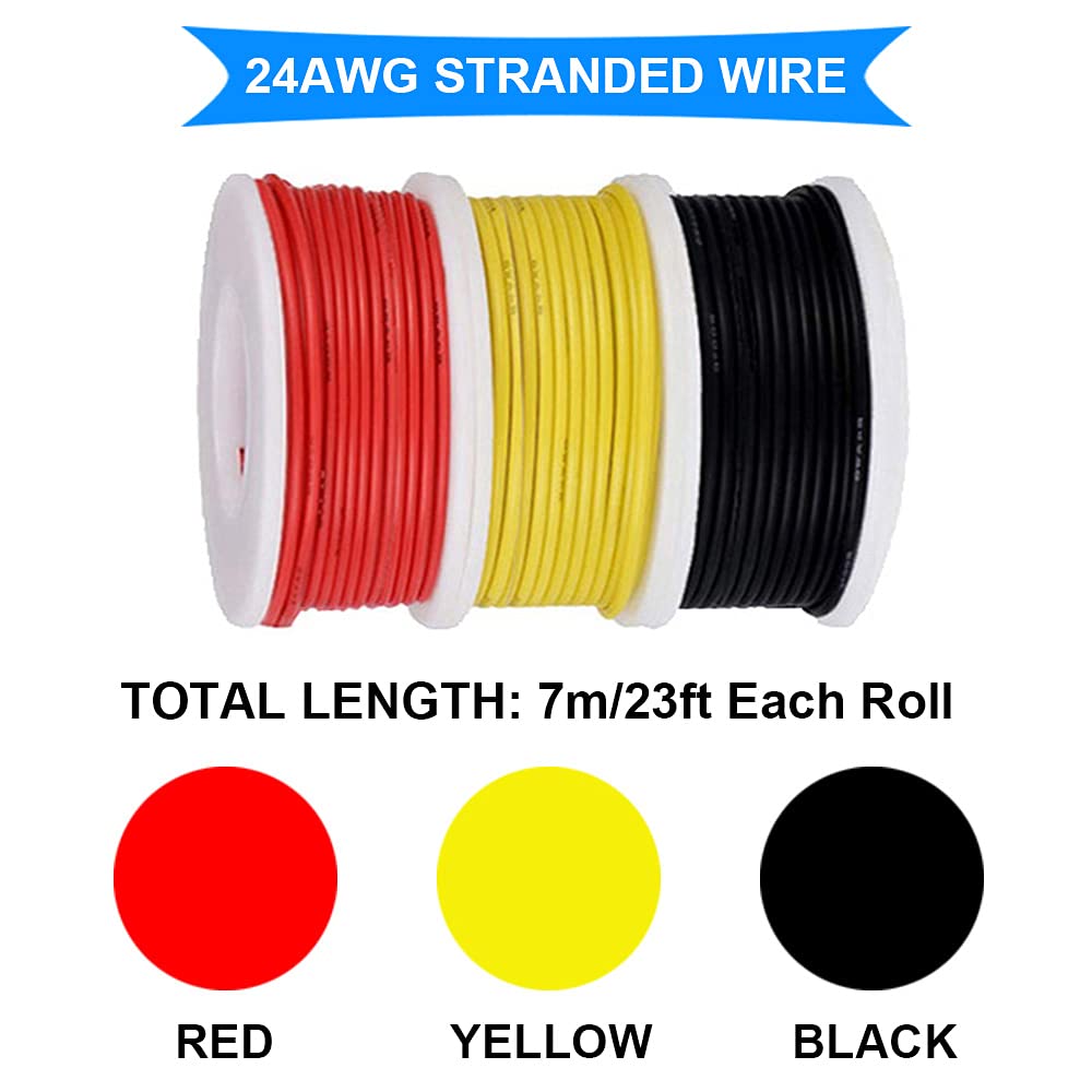 DAOKI 24 Gauge Silicone Wire 24AWG Hook up Wire Kit 300V Tinned Copper Stranded Electrical Wire 3 Color 7M/23ft Each Wire Assortment Kit for DIY