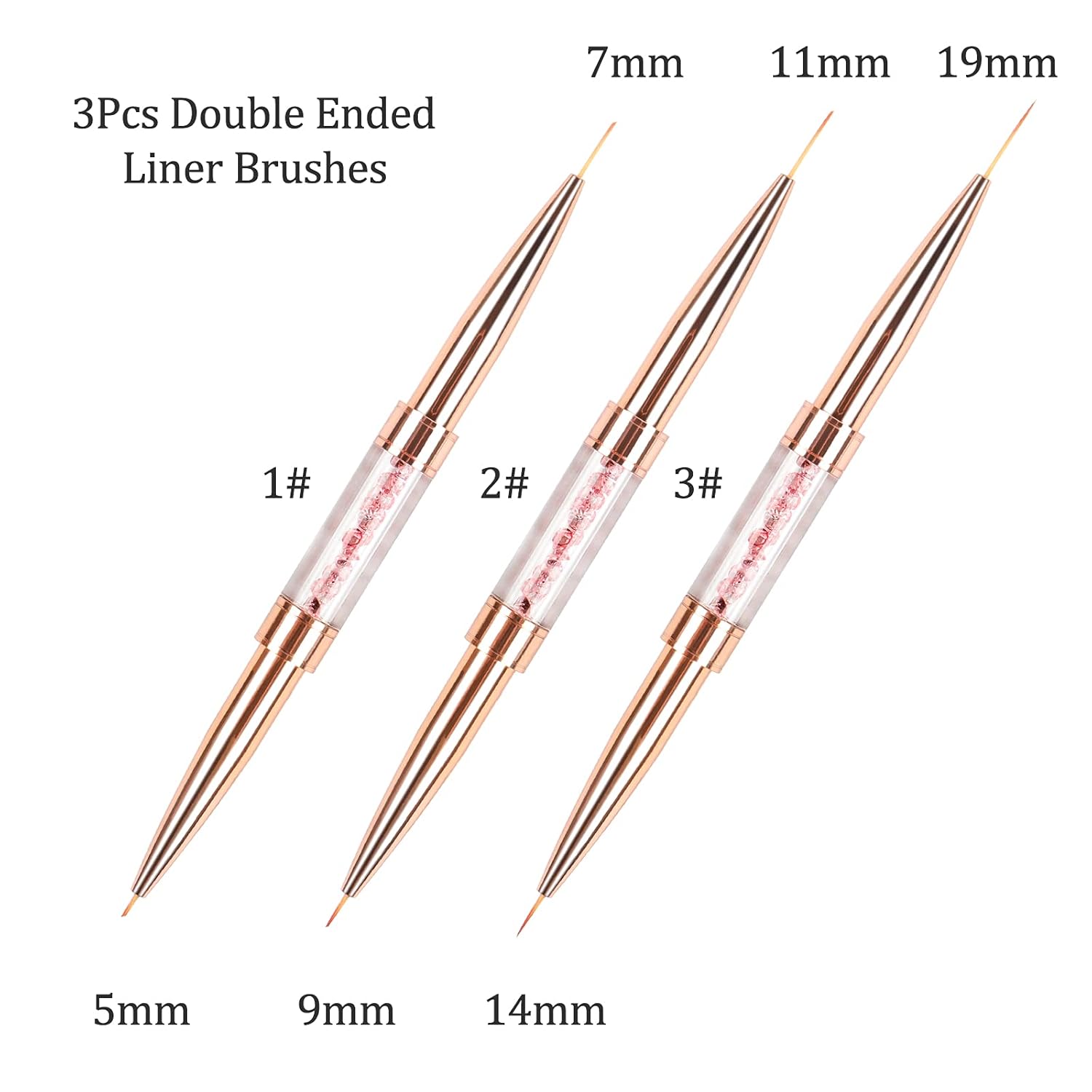 BQAN 3 Pcs Nail Art Liner Brushes, Nail Art Brushes for DIY Nail Art Design, Double Ended Nail Painting Brushes with Liner Brush (5mm/7mm), Striping Brush (9mm/11mm), Detail Brush (14mm/19mm), Gold : Beauty & Personal Care