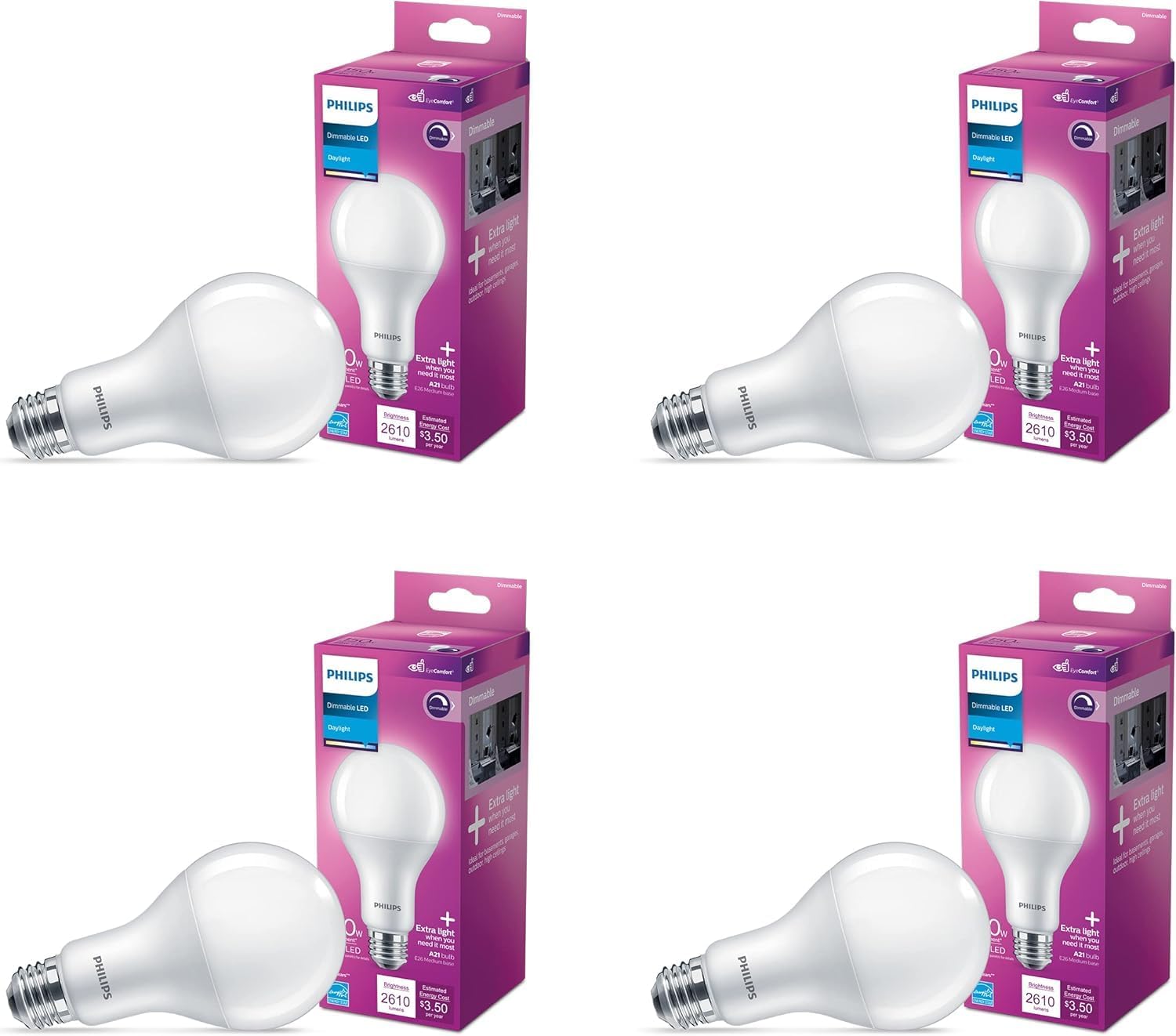 PHILIPS LED 150W A21 4-PacK Daylight (5000K) 2610 Lumen (29W = 150W) Dimmable Frosted Flicker-Free Light Bulbs