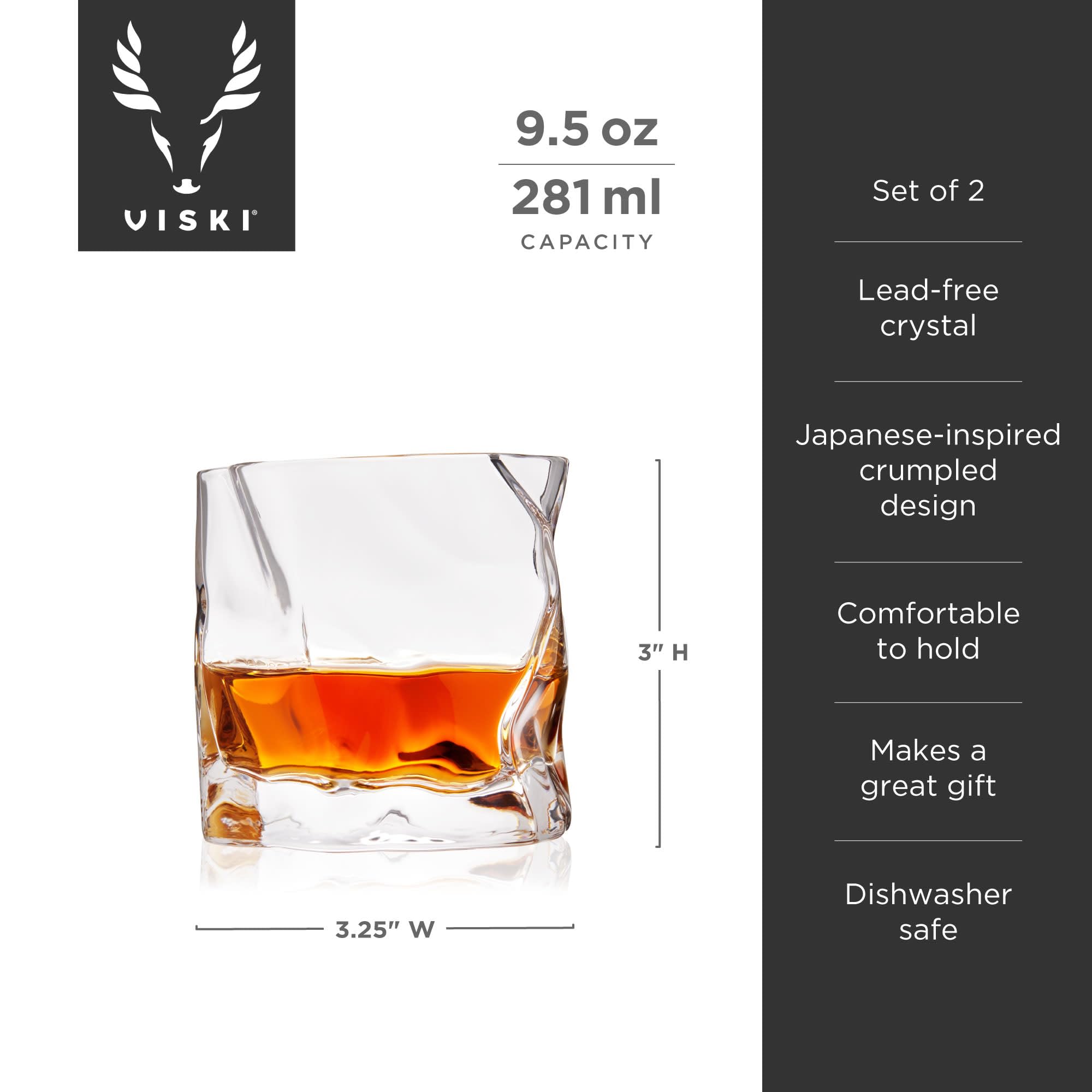 Viski Kryształowe zmięte kieliszki, szklanki burbon, szklanki do szkockiej - przezroczyste, 270 ml, zestaw 2 szt., nadające się do mycia w zmywarce