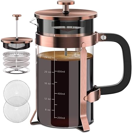 French Press Coffee Maker 34oz 304 Stainless Steel French Press with 4 Filter, Heat Resistant Durable, Easy to Clean, Borosilicate Glass Coffee Press, 100% BPA Free Glass Teapot, Copper