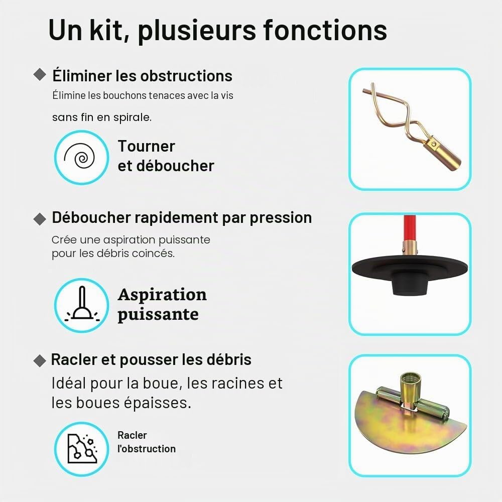 Kit de tiges de vidange professionnelles de 9,1 m dans un sac de transport, déverrouillage, grattoir à vers, tiges de nettoyage 14 pièces de 9 m de long