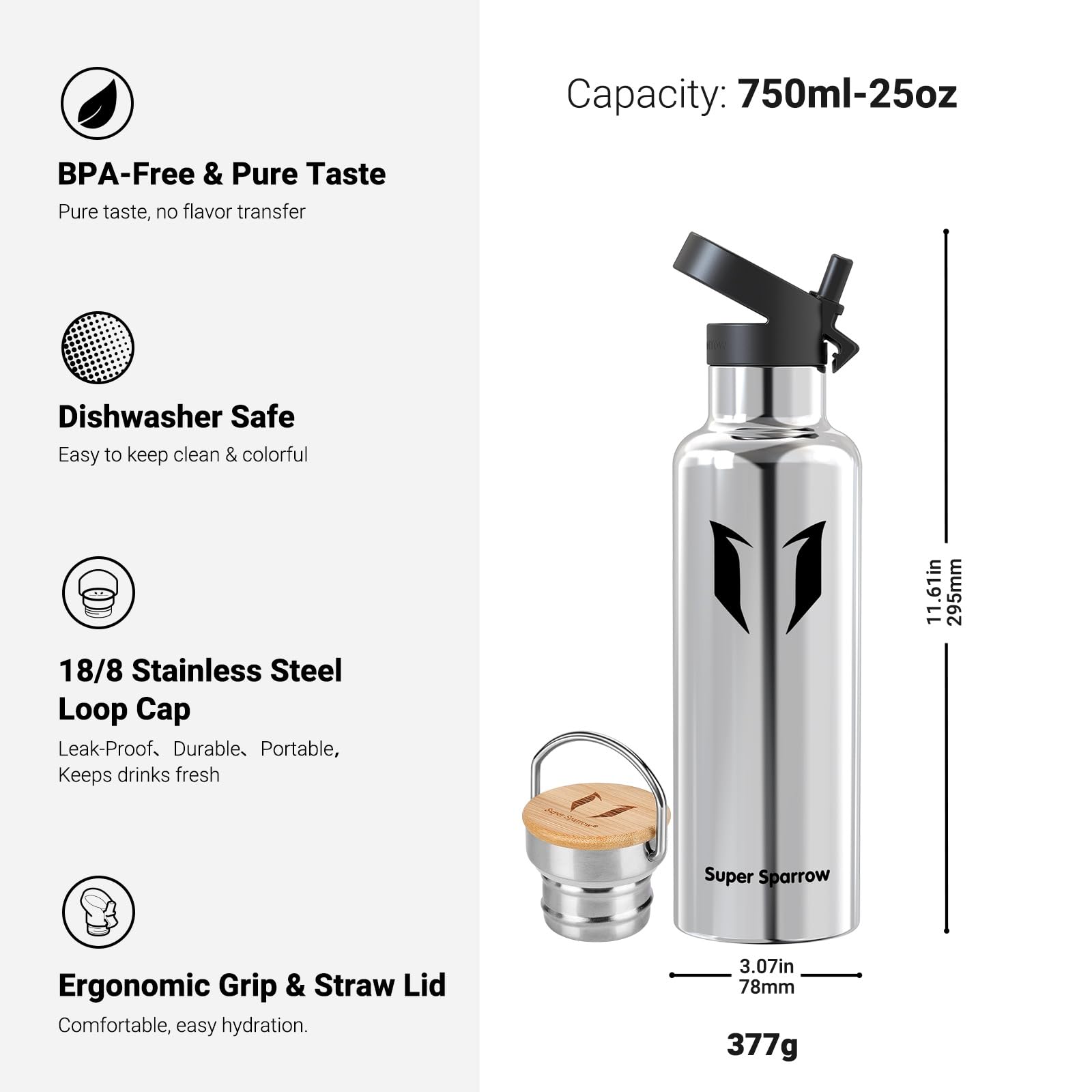 Super Sparrow Borraccia Termica - Bottiglia Termica Senza Perdite - 350ml/500ml/620ml/750ml/1L - Senza BPA Borracce Bambini - Per Scuola, Sport, Campeggio, Palestra, Ciclismo - Con 2 Tappi