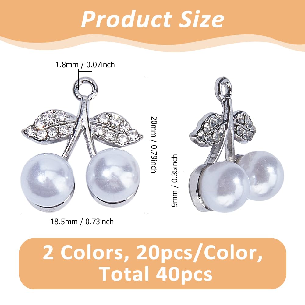 40 dijes de cereza con diamantes de imitación, 2 colores, elegantes dijes de circonita cúbica con perlas de imitación para hacer joyas, collares, aretes, suministros de manualidades