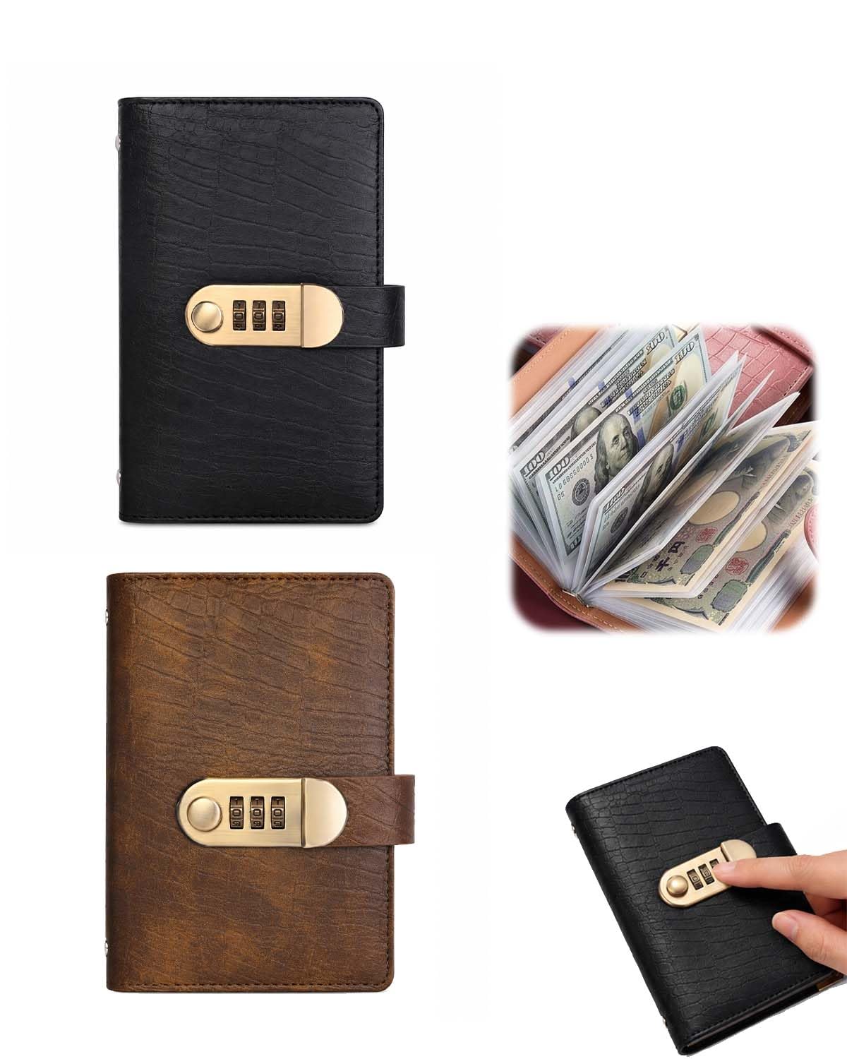 Savings Book with Lock Cash Organizer for Home Budgeting，Black+Brown