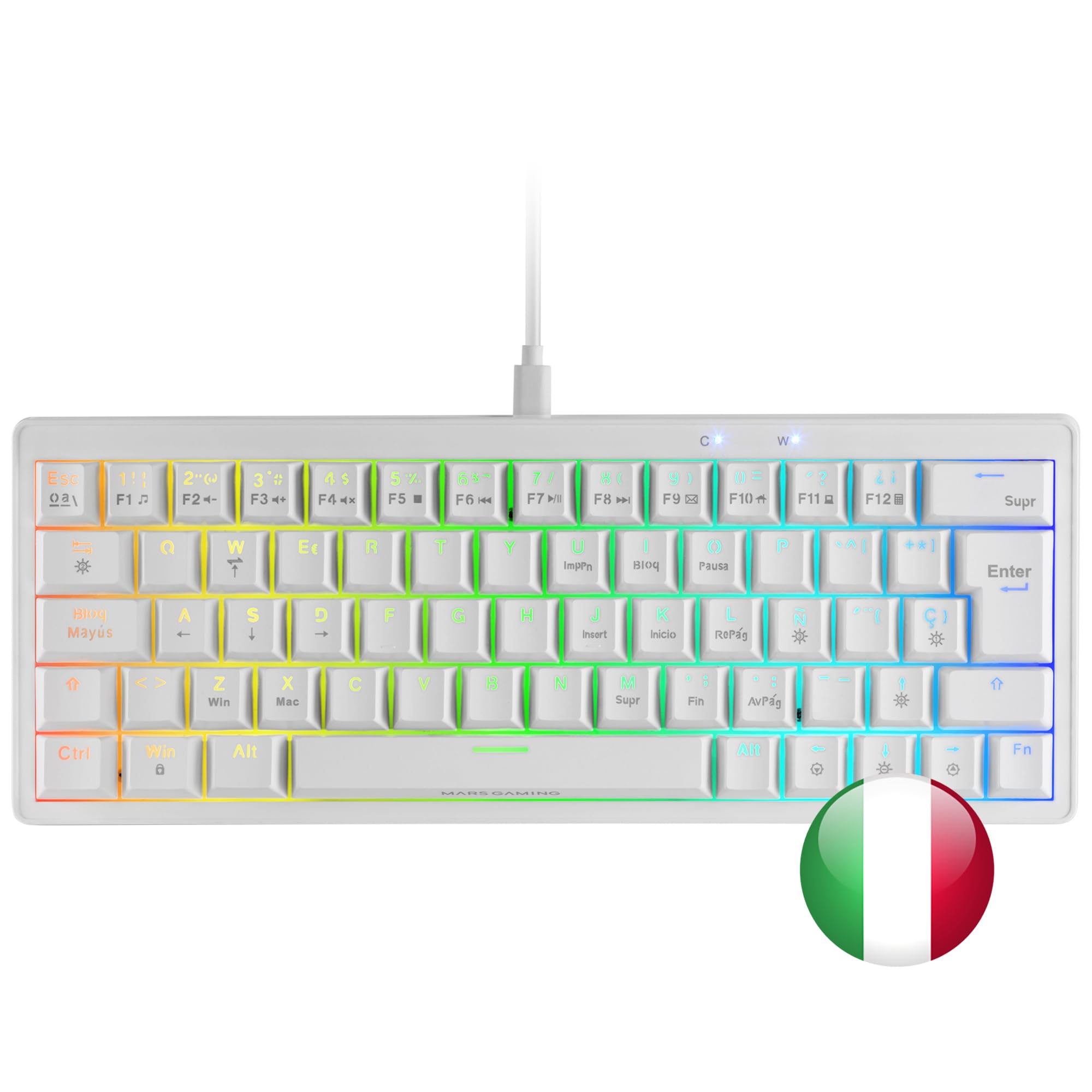 Mars Gaming MKMINIPRO, Italiano, Teclado Mecánico Compacto 60%, Switches Mecánicos Hot-Swappable, Iluminación RGB Chroma, Teclado Gaming Antighosting, Multiplataforma, Switch Marrón, Blanco — view 6