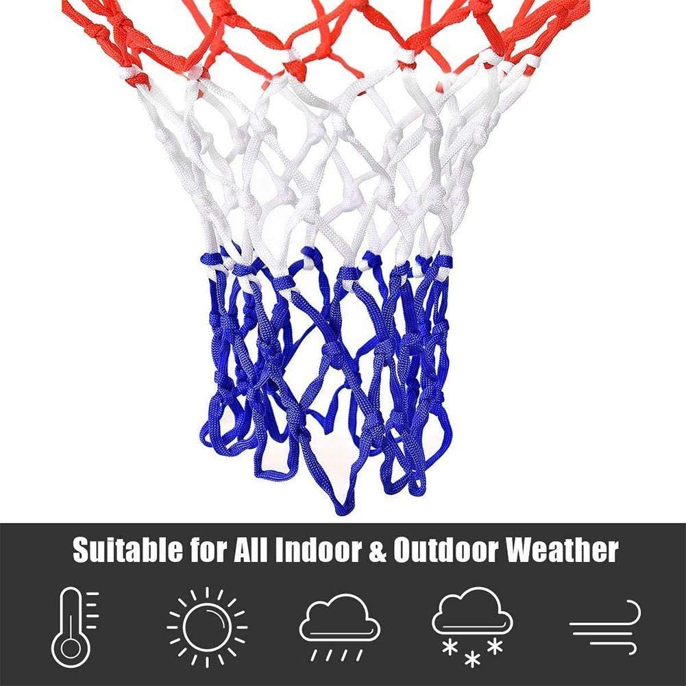 Rete di ricambio per canestro da basket resistente, in nylon intrecciato rosso/bianco/blu tricolore, resistente e durevole, adatta a cerchi standard interni o esterni, 12 passanti