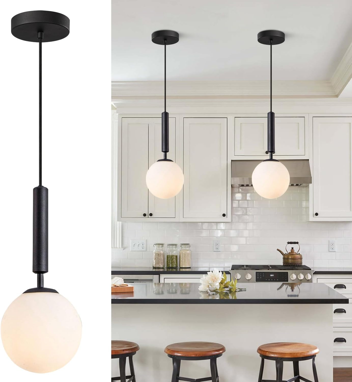 KCO Lighting Black Globe Pendant Light Mid Century Modern Pendant Lights Kitchen Island Industrial Farmhouse Round Glass Pendant Lighting Single Hanging Light Fixture (Black)