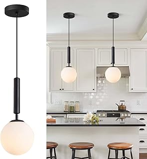 KCO Lighting Black Globe Pendant Light Mid Century Modern Pendant Lights Kitchen Island Industrial Farmhouse Round Glass Pendant Lighting Single Hanging Light Fixture (Black)