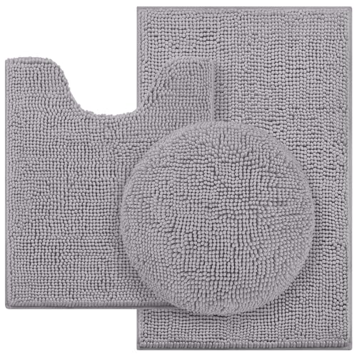 HOMEIDEAS Bathroom Rugs Sets 3 Piece Chenille Bath Rugs Soft Absorbent Non Slip Washable Bath Mats with Toilet Lid Cover Perfect for Bathroom(Grey)