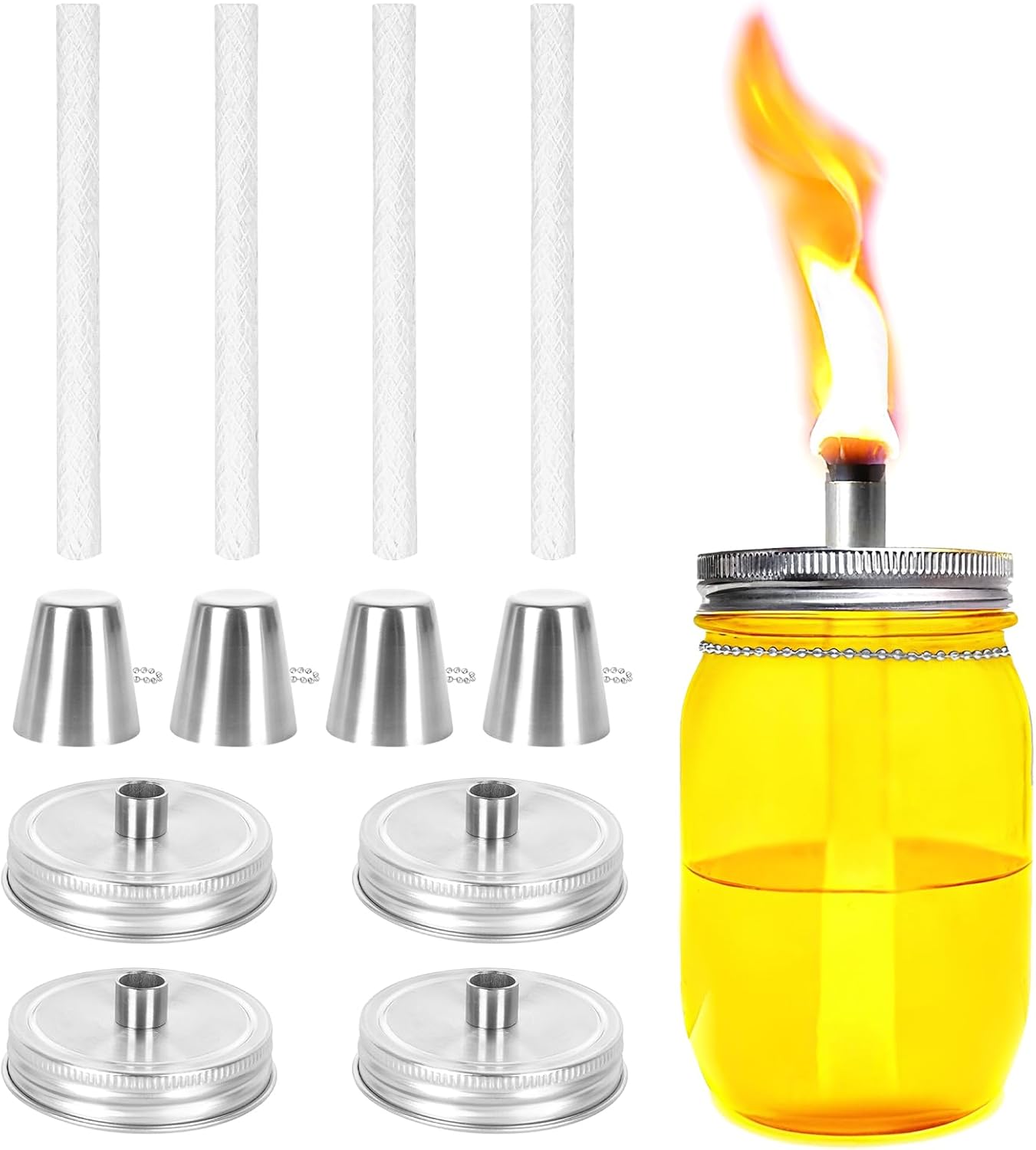 Mason Jar Tabletop Torch Kits, Outdoor Deck Oil Lamp Torch with 4-Pack Regular-Mouth Lids (with Protective Tubes), Glass 2.75-Inch Fiber Wicks and Lids for Patio and Camping Decorations
