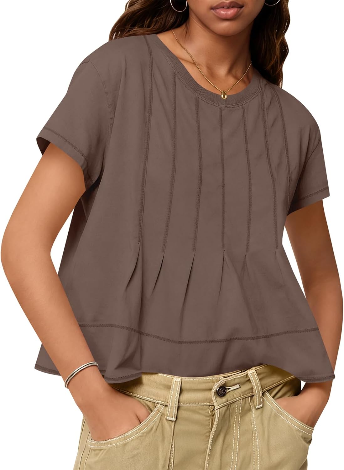 Tankaneo Womens Babydoll Tops Short Sleeve Peplum Pleated Summer T-Shirts Casual Loose Fit Flowy Tshirts 2026