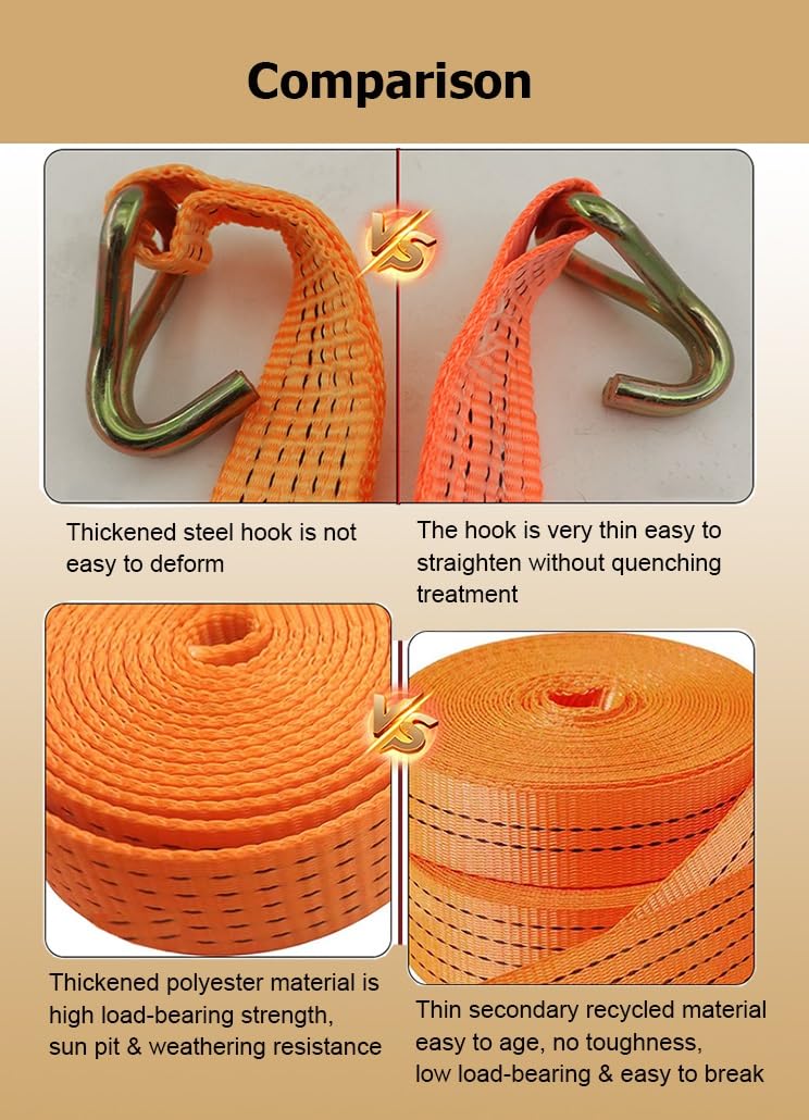 Paquete de 4 Correas de Amarre con trinquete de 9,8 a 65,6 pies, Correa de Amarre de Carga con Gancho Doble en J, Correa de Amarre for remolques de camión y Kayaks(Oranje,8.0m/26.2Ft)