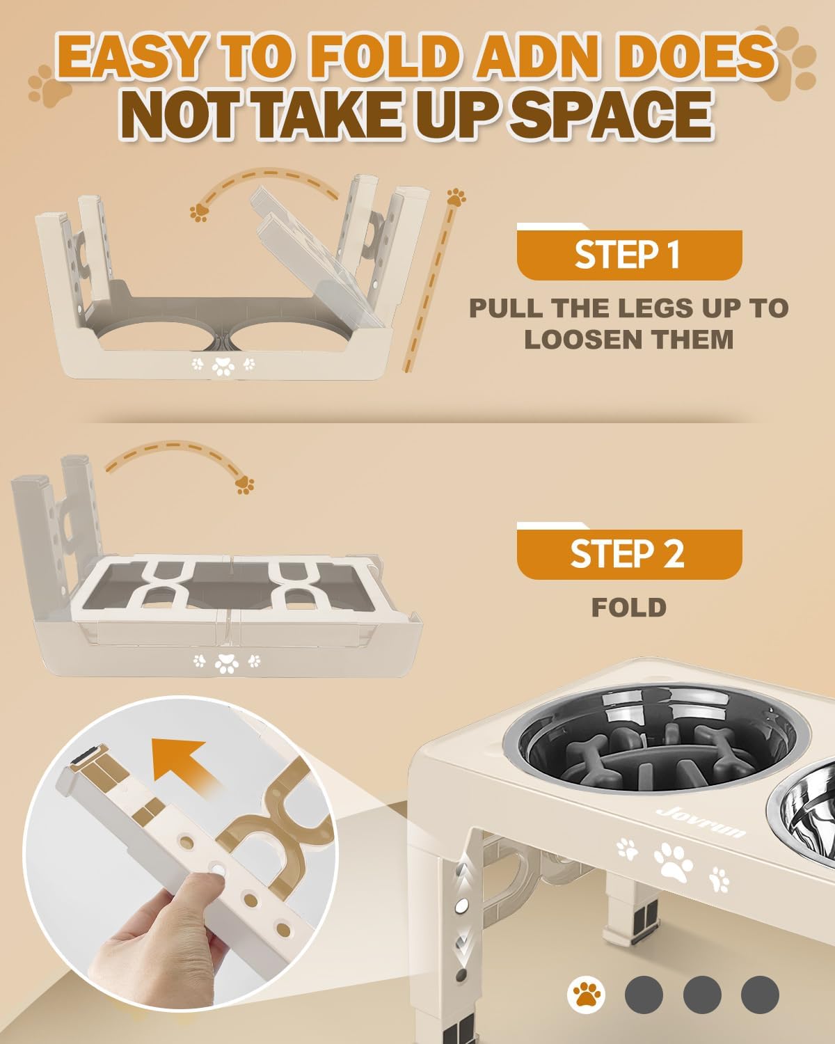 Jovrun Elevated Dog Bowls for Medium Large Size Dogs, Non-Slip Dog Feeder with 1*Stainless Steel Dishes & 1*Slow Feeder Bowl, 5 Heights Adjustable Raised Bowls to 3.15″-8.66″-9.84″-11.02″-12.2″