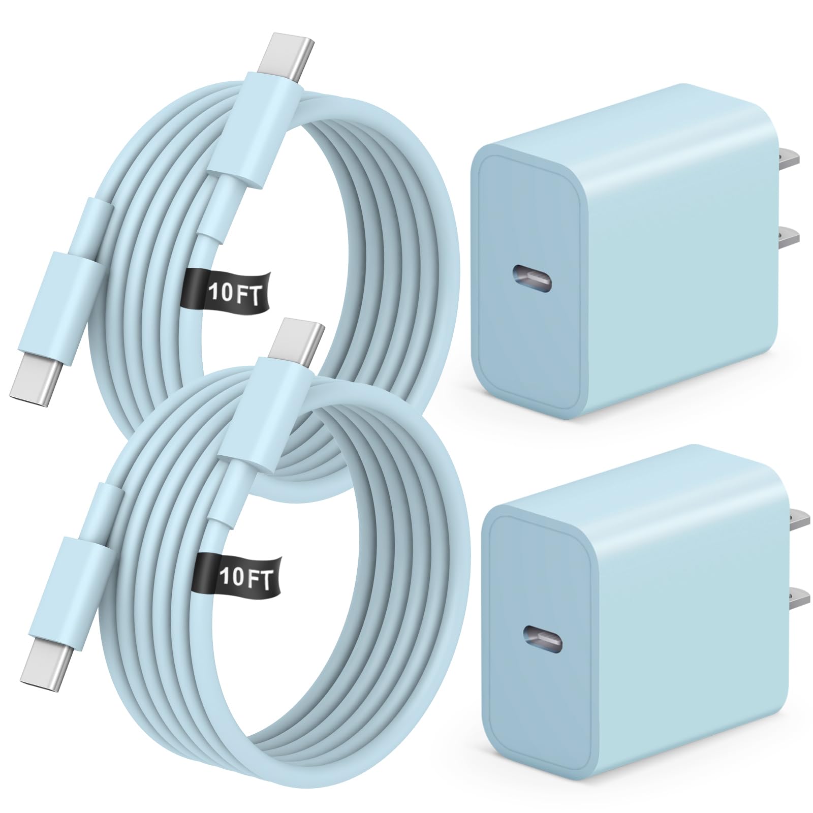 2+2Pack iPhone Duo 18 17 16 15 Charger Apple Charger & 10ft Cable-Blue