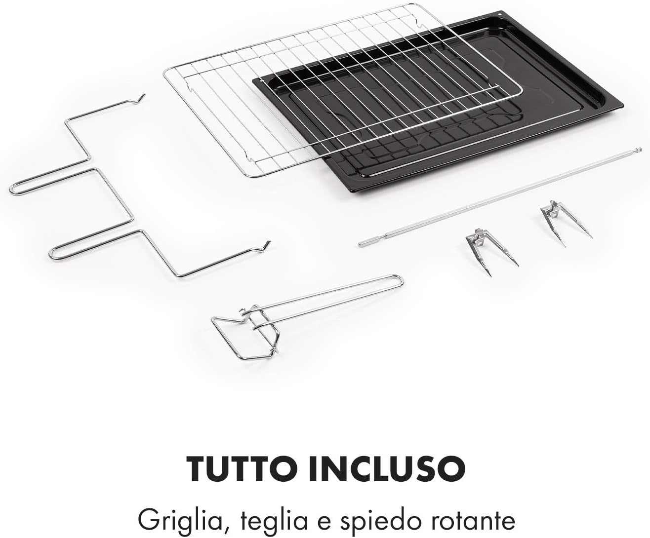 Included accessories for KLARSTEIN Masterchef oven: rotisserie spit, baking tray, and grill rack
