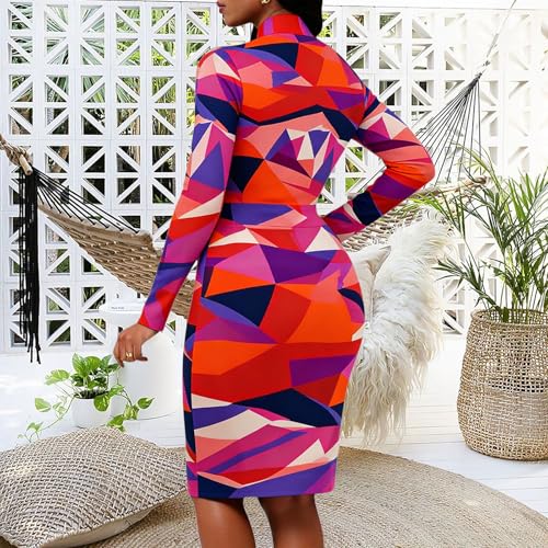 Image of MsavigVice Bodycon Dress Women Mandarin Collar Long Sleeve Knee Length | Vibrant abstract prints with bold varied hues, soft stretch fabric contours curves for sleek versatile everyday styling