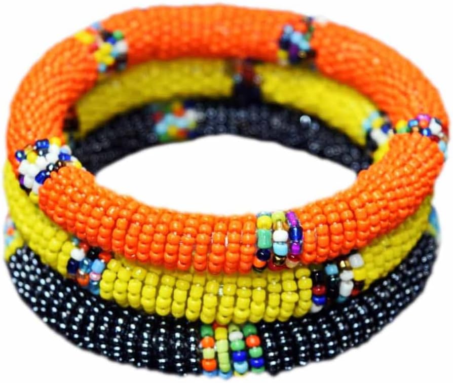 Tembo Crafts Africa - Set of 3 Handmade Bangles for Women Maasai Beaded Bracelets Boho Jewelry Gifts Orange Metallic Grey Yellow