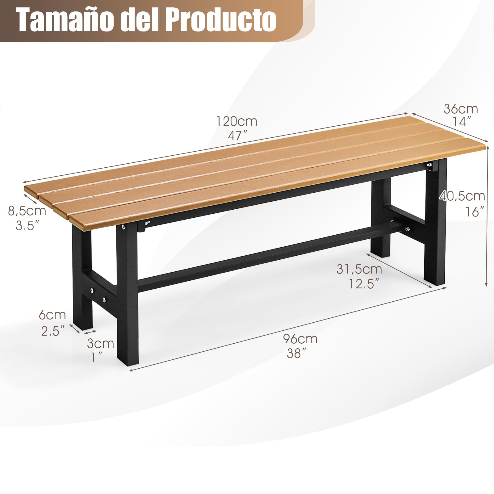 COSTWAY Banco Exterior de 2 Plazas, Banco Jardin Exterior Estructura Metal Revestido de Plástico, 120 x 36 x 40,5 cm, Carga 300kg, Terraza Jardin Interior Exterior (Brown)