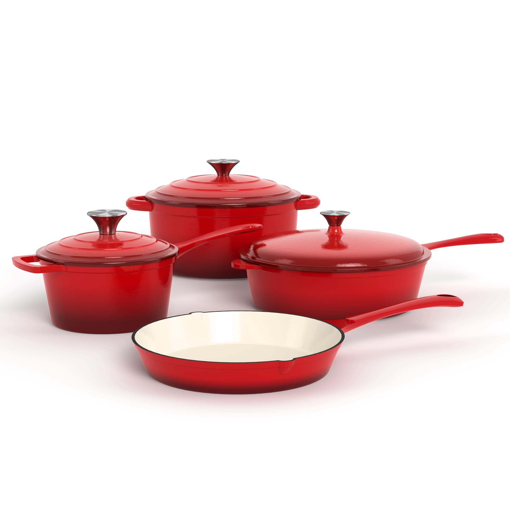 Kitchen Academy - Set di 7 pentole in ghisa con forno olandese, utensili da cucina in ghisa smaltata, padella per salsa, padella, 3 coperchi, set di pentole e padelle olandesi