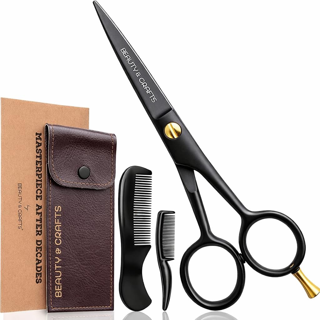 5” Professional Beard & Mustache Scissors for Men | German Stainless Steel Beard Trimming Shears with 2 Mustache Combs & Premium Pouch for All Facial Hair (Black)