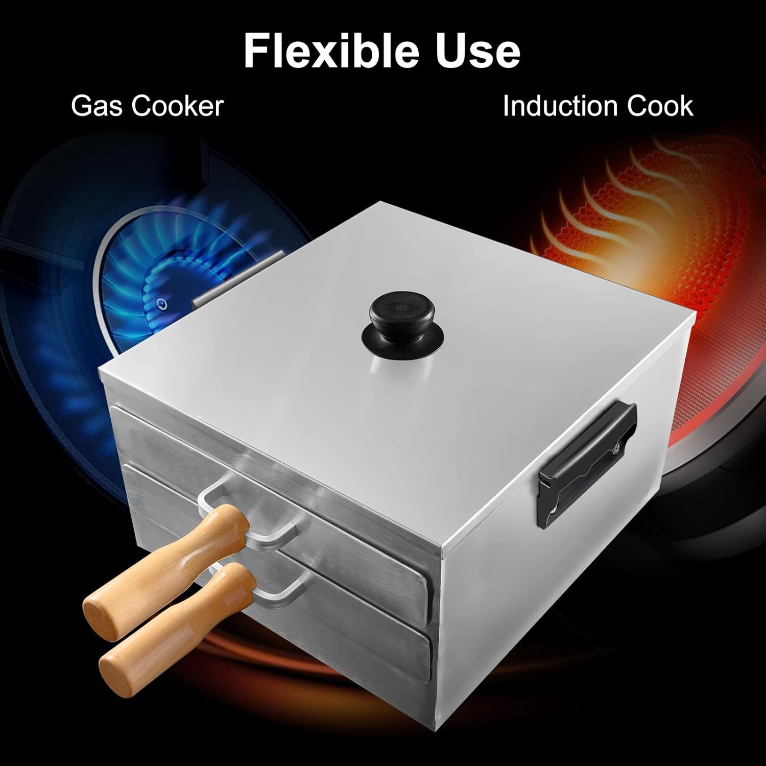 Rice Noodle Rolls Machine 2-layer 304 Stainless Steel Steamed Vermicelli Roll Steamer Cantonese Cuisine Household Cookware with Removable Lid Changfen Cookware Kitchen Food Steamer 1tray with hole: Home & Kitchen