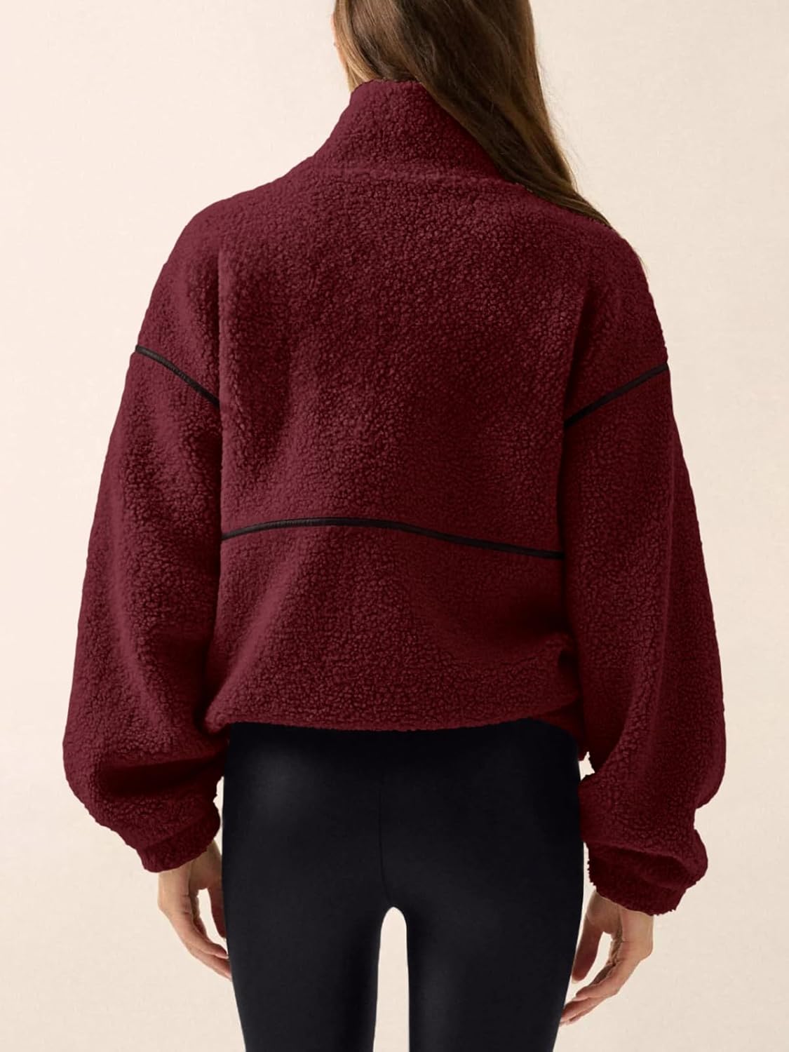 LASLULU Womens Mockneck Fleece Sweatshirt Zipper Sweater Long Sleeve Workout Crop Coat Casual Winter Jacket Fall Outfits Warm Outwear Pockets(Burgundy Small) - Image 3
