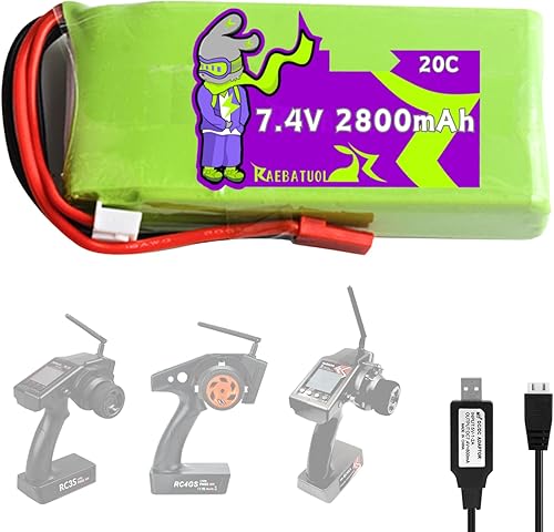7.4V 2800mAh 20C Lipo JST Plug Batería para RadioLink RC3S RC4GS RC6GS MC-E7S Receptortransmisor con cargador USB 2S, probador de alarma de voltaje