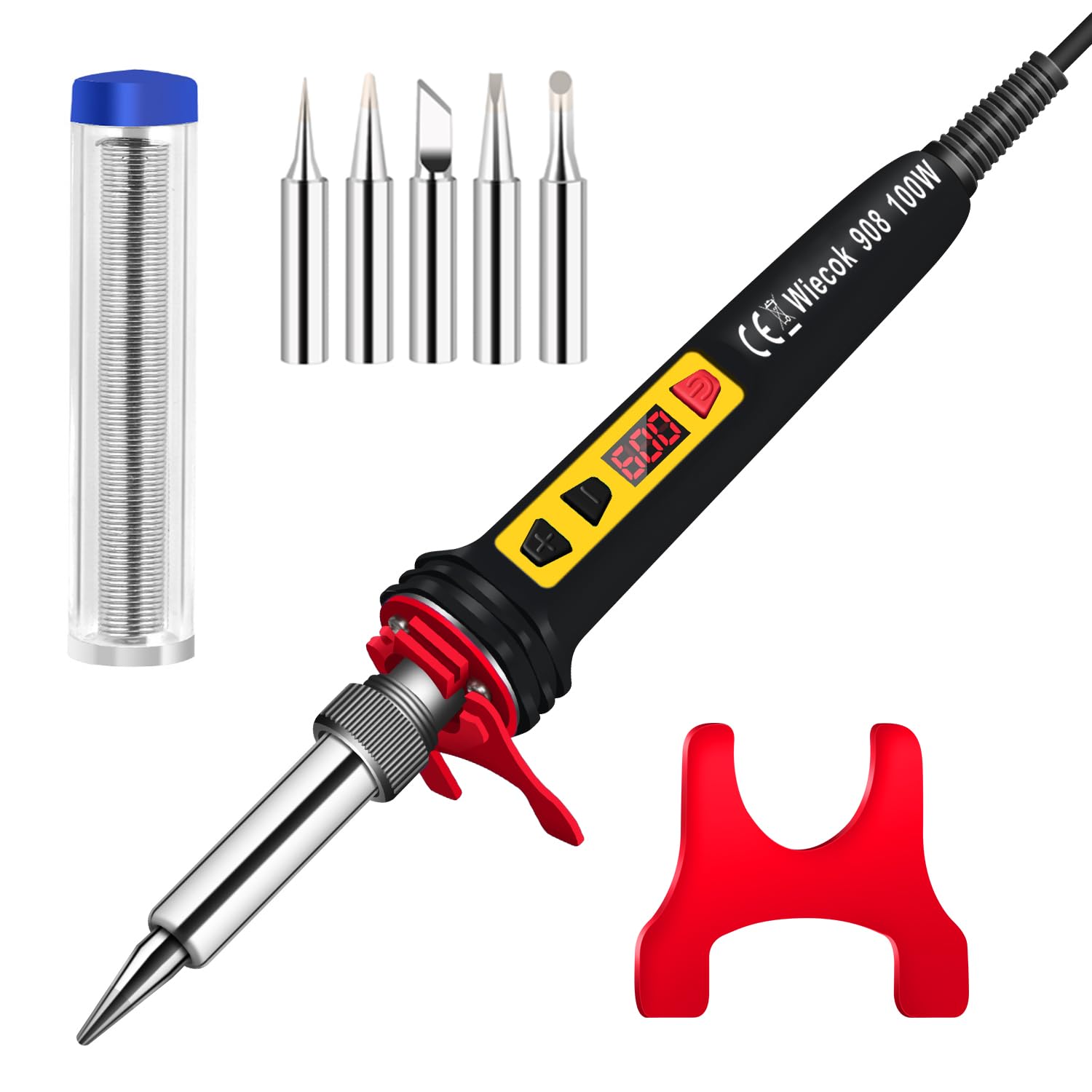 Kit Saldatore a Stagno 100W Digitale con Schermo LCD Temperatura Regolabile 200℃-600℃ 5 Punte 15g Filo