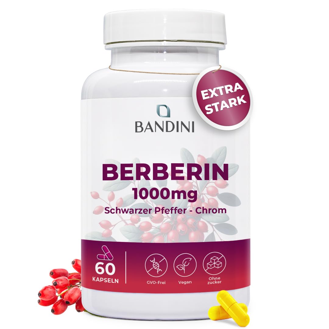 Bandini® Berberin 1000mg rein hochdosiert | Reines Berberine HCl aus Berberis Aristata 97% + Chrom und Schwarzer Pfeffer | Maximale Aufnahme | 60 vegane Kapseln