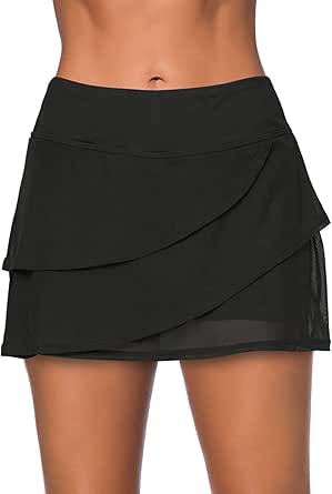 Herseas Women's Solid Swim Skirt Build-in Brief Tummy Control Swimdress Tankini Bottoms S-2XL