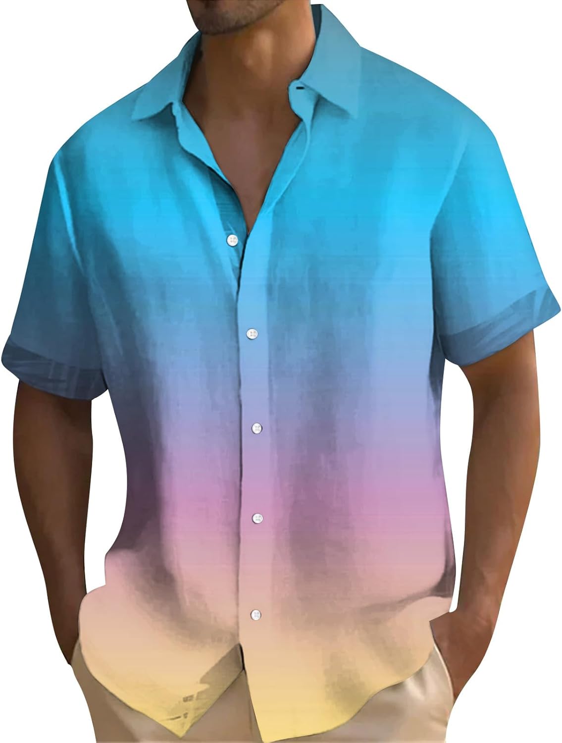 Ymosrh Men's Fashion Shirts Gradient Color Hawaiian Shirt Buttons Up Summer Beach Dress Shirts, M-4XL