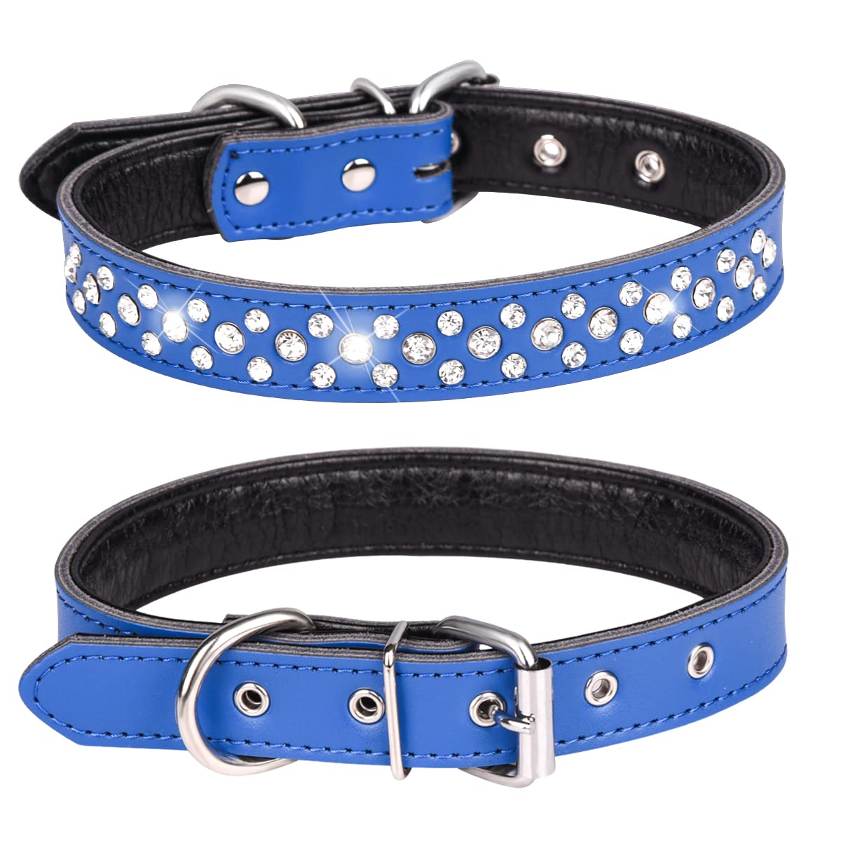 Collier pour chien réglable cuir véritable strass bleu L