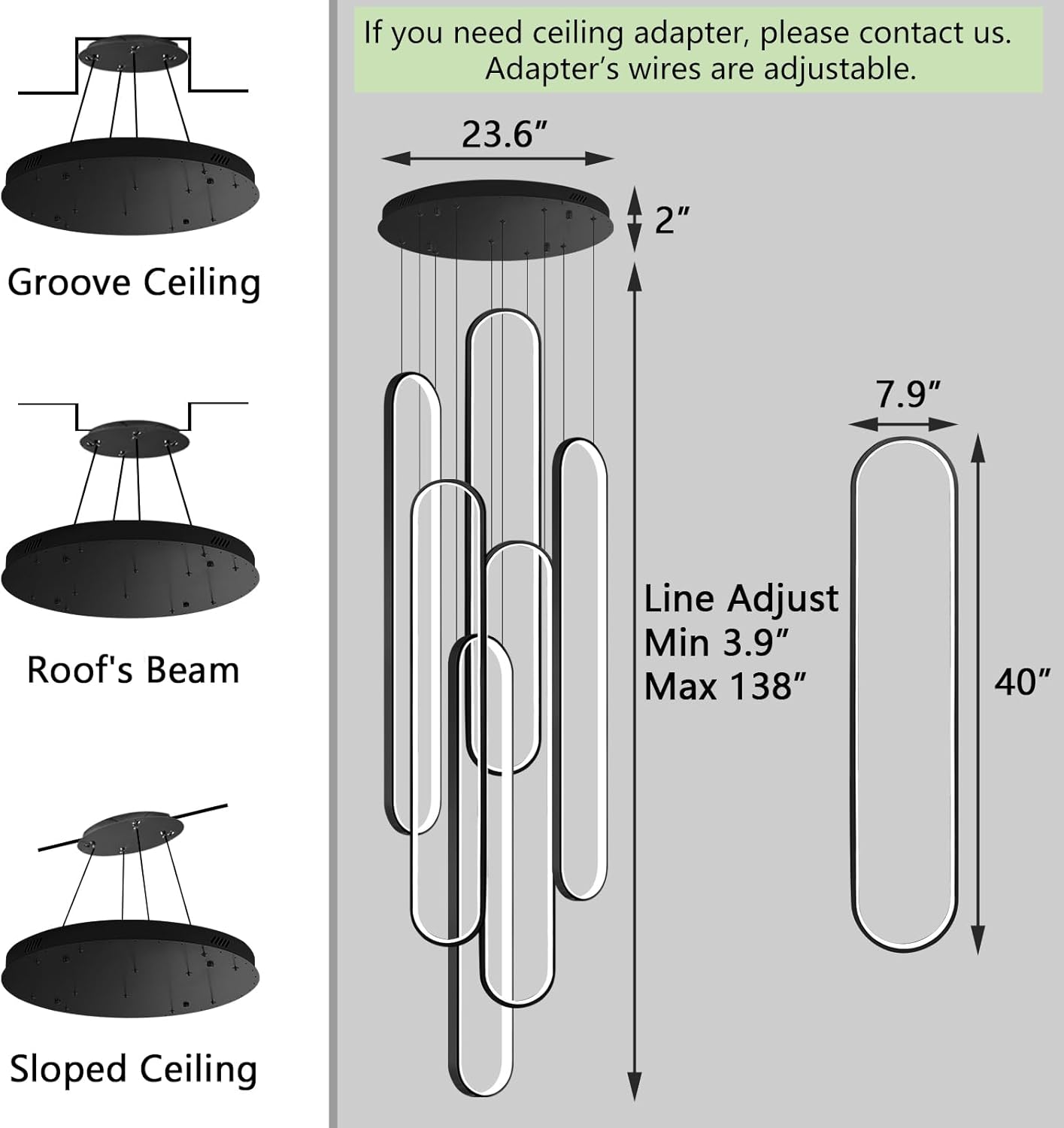 6-Rings Modern Chandelier, LED Black Large Contemporary Light for Staircase, Dimmable Flush Mount High Ceiling Chandeliers with Remote Control for Villa Foyer